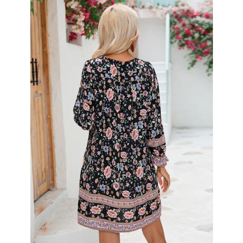 YYFS Women's Fashion Spring Fall Flower Pattern Print Long Sleeve V-Neck Loose Waistline Casual Dresses