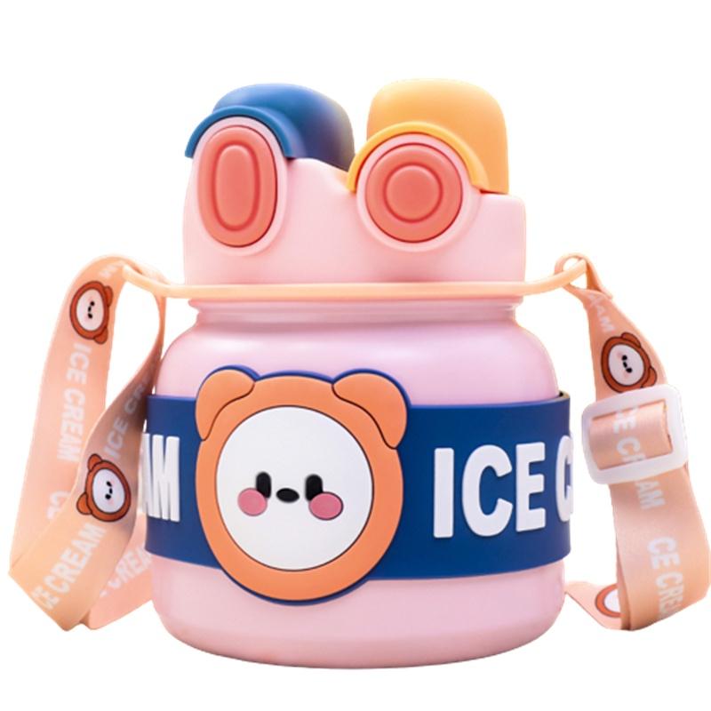 Lingpan Cute Cartoon Double Drinking Straw Big Belly Cup For Girls Outdoor Travel Shoulder Bag Water Bottle Large Capacity 850ml Barrel