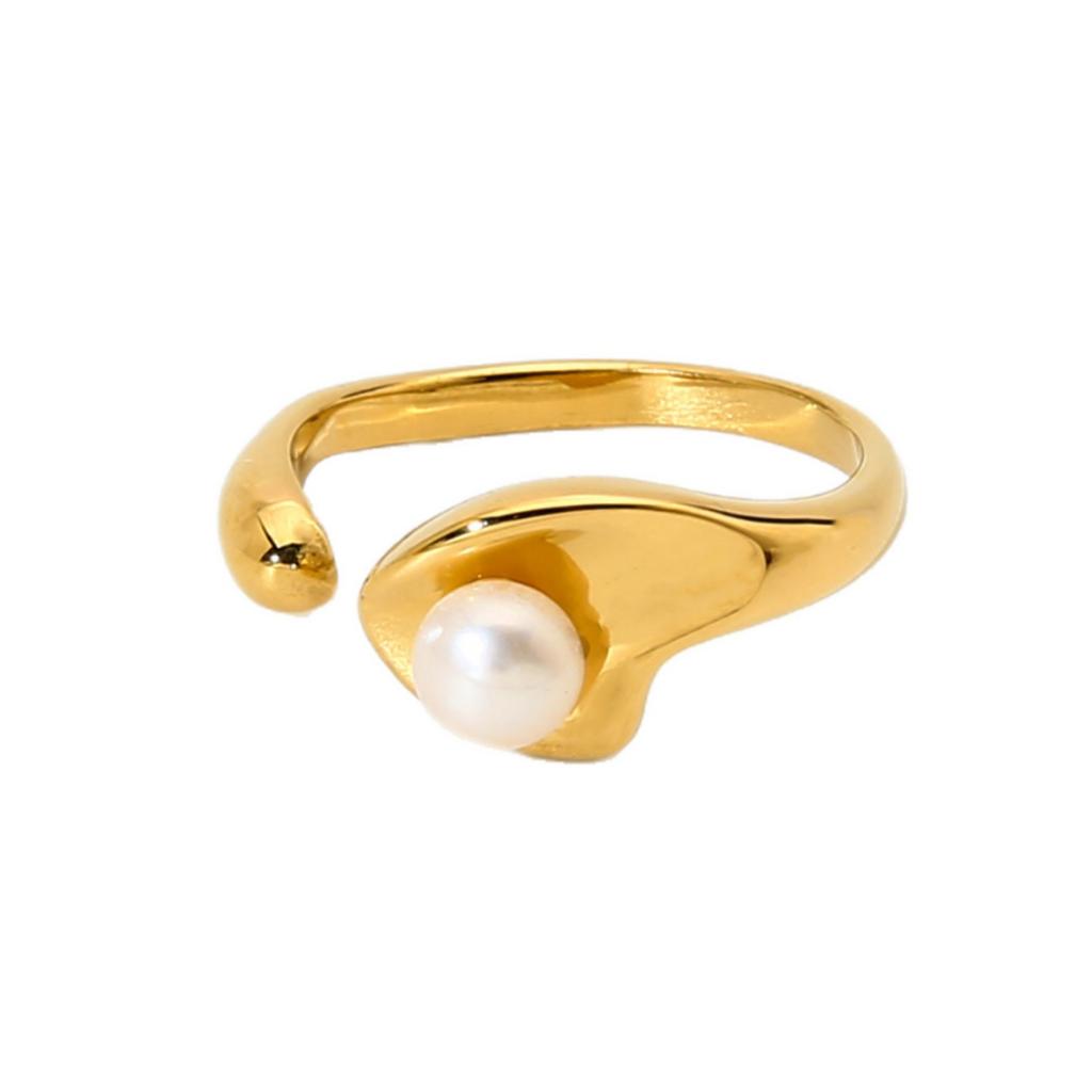 Exquisite and elegant inlaid imitation pearl special-shaped line open ring plated with 18K gold stainless steel design ring