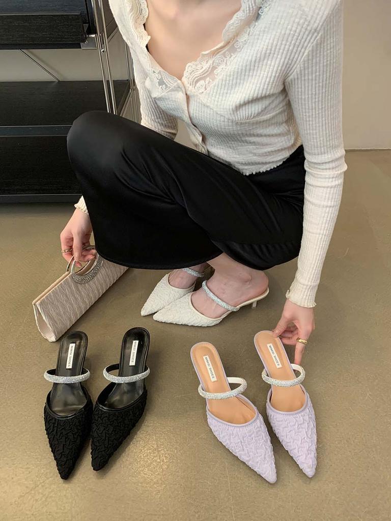 fashion Casual Women Slides Slippers Summer Outside Mule Shoes Thin Low Heeled Black Beige Purple Ladies Dress Sandals Mules Size 35-39