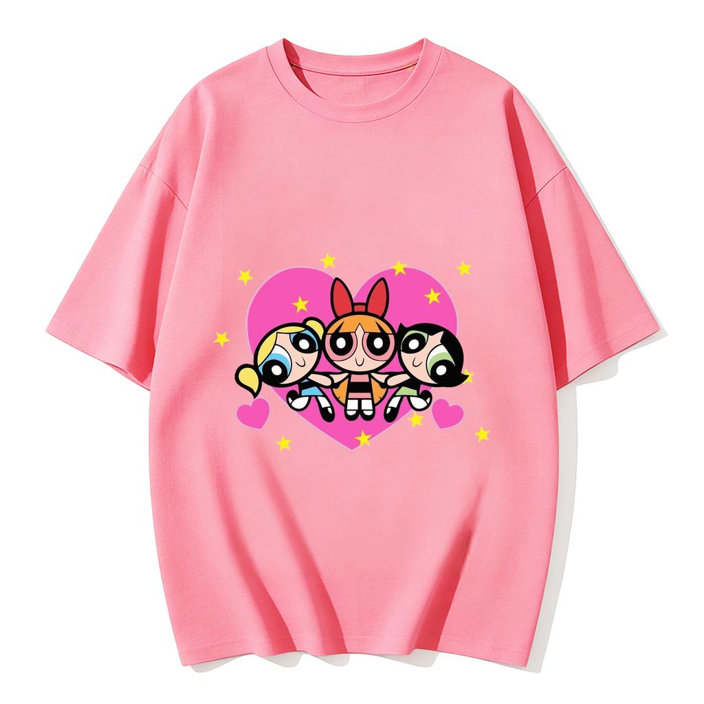 2026 Sommer Niedliche Powerpuff Girls Familien-Matching T-Shirts Cartoon-Druck Baumwoll-T-Shirts Lässige Kurzarm-Oberteile für Kinder und Erwachsene