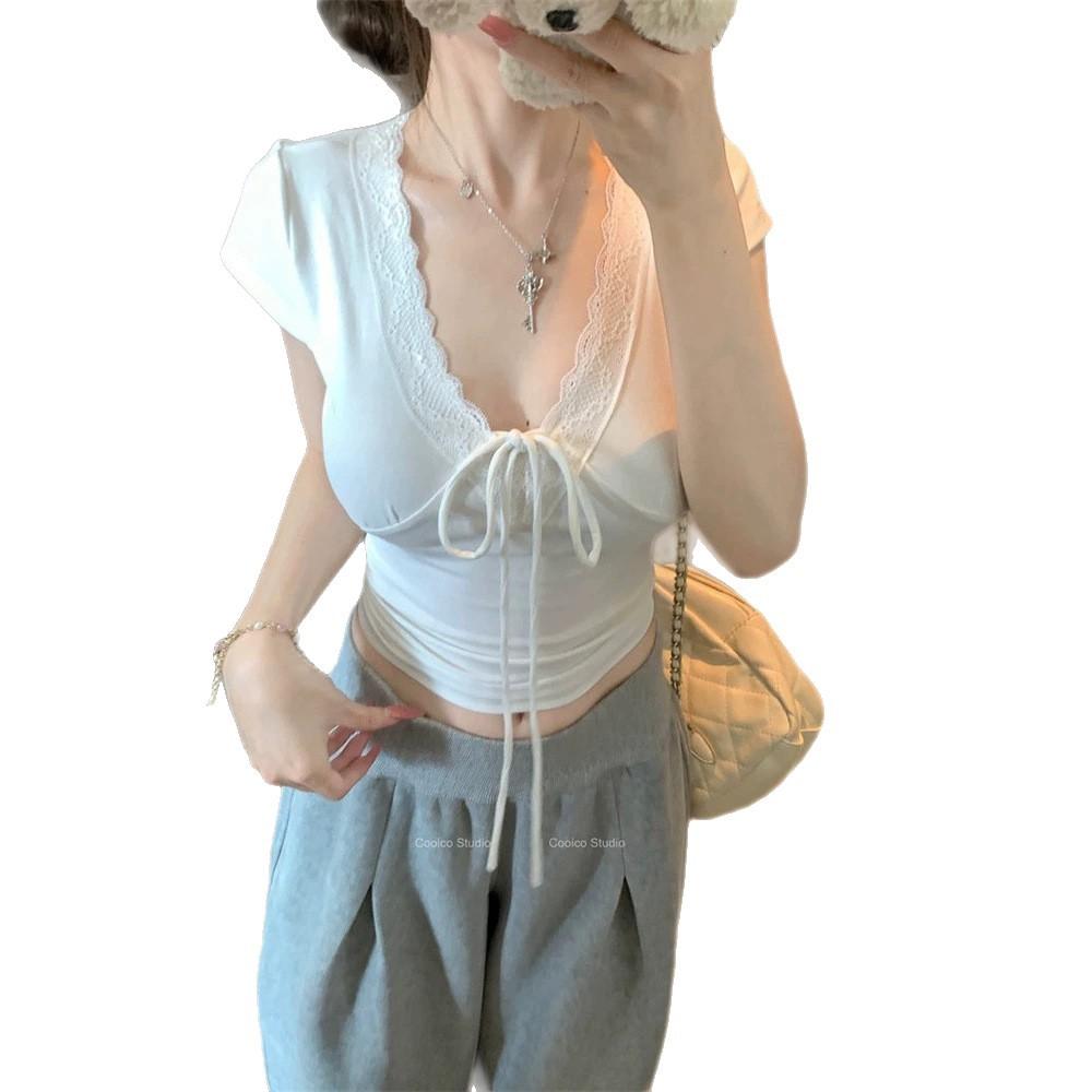 Korean Style Lace Patchwork V-neck Short Sleeve T-Shirt for Women's Summer Slimming Pure Desire Style Tied Versatile Short Top