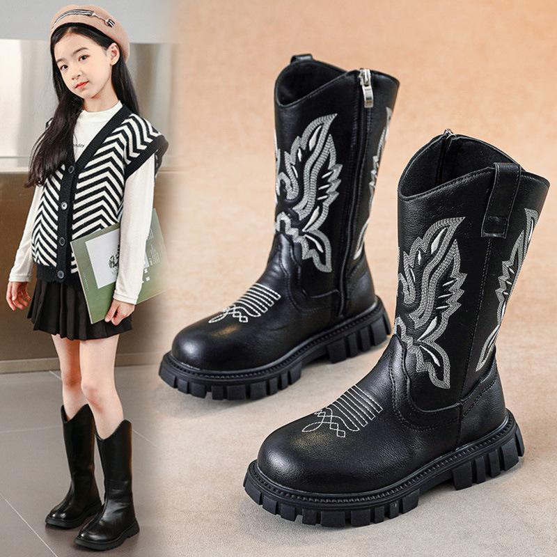 Girls' Boots for Autumn and Winter New Children's High Boots Mid Size Children's Retro Embroidered Knight Boots Girls' Long Boots