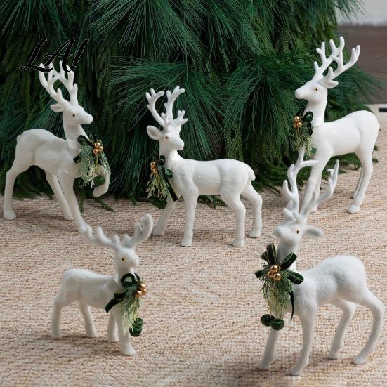 Minimalist White Flocked Ornaments Elk Ornament Ribbon Bell Decor 3D Standing Deer Stable Christmas Figurines Figurine Decorative Accents