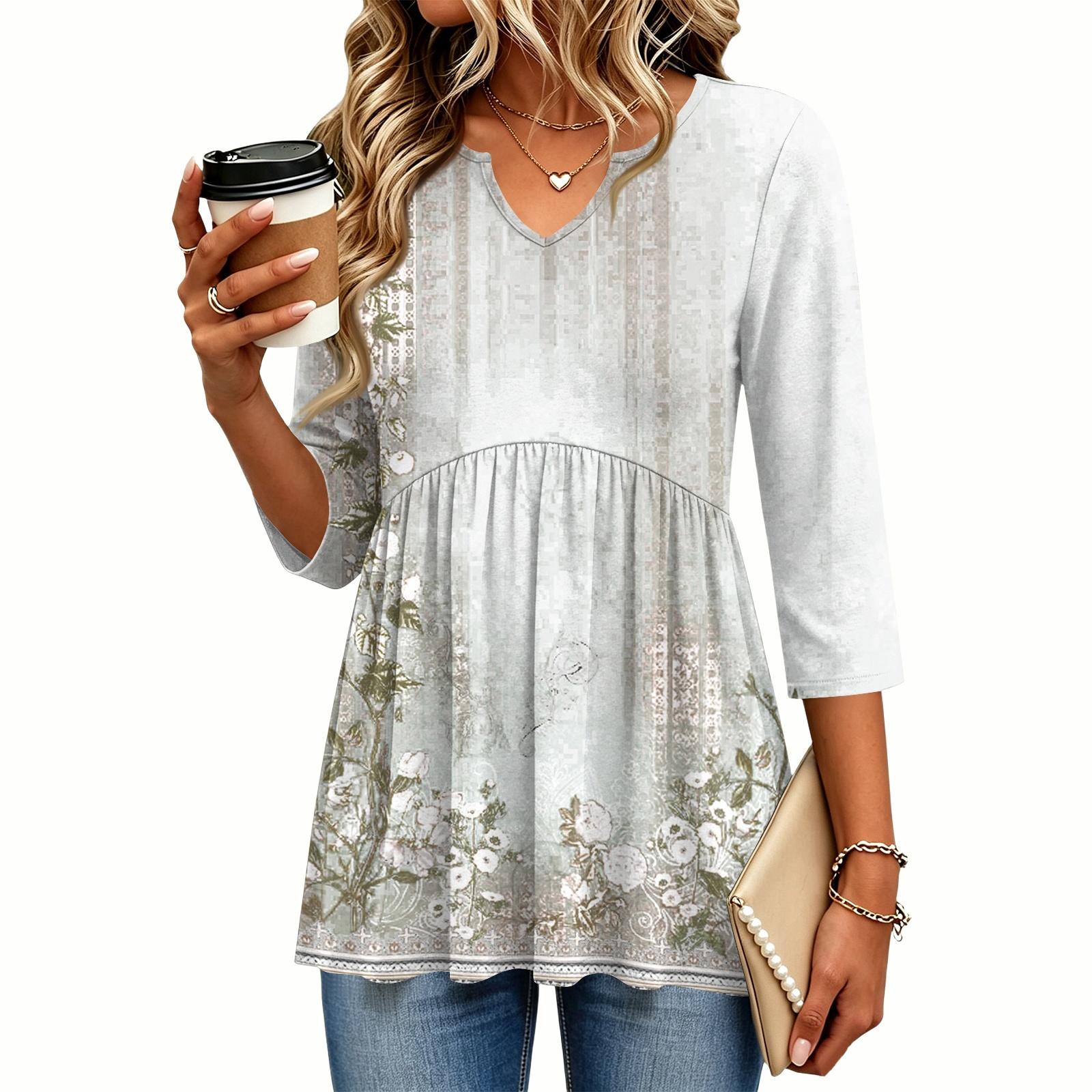 Women s Casual Plaid Print V-Neck Three-Quarter Sleeve Blouse for Everyday Wear M