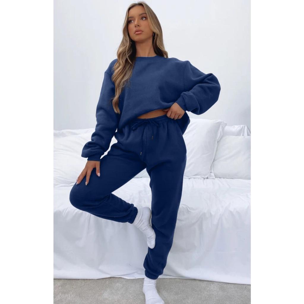 Autumn and Winter Solid Color Round Neck Pullover Long Pants Women's Fashion Casual Long Sleeved Sweatshirt Set