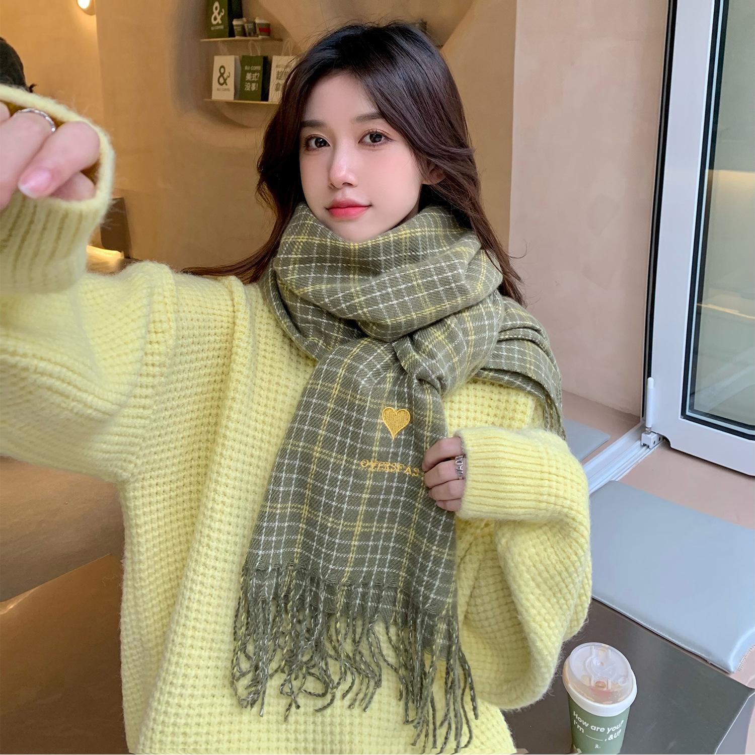 

Love Beige Plaid Scarf Women s Autumn and Winter New Korean Style Student Imitation Cashmere Shawl Two Purpose Scarf 190*65cm
