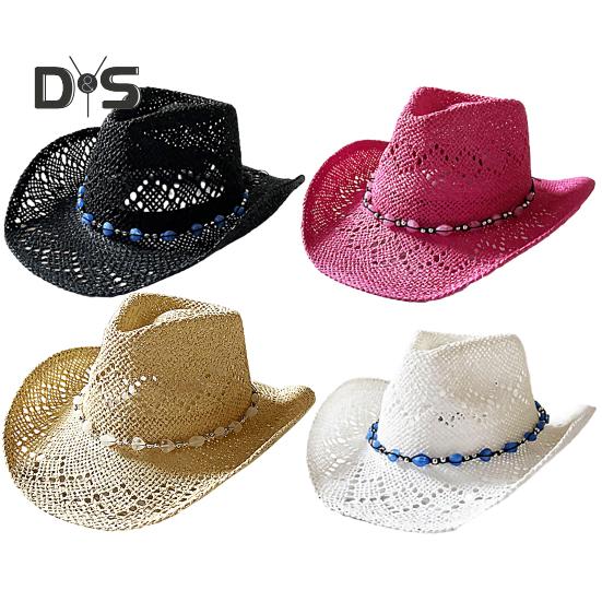 Summer Straw Hat Hollow Out Foldable Adjustable Bead Decor Curled Edge Windproof Strap Western Cowboy Style Solid Color Outdoor Cap