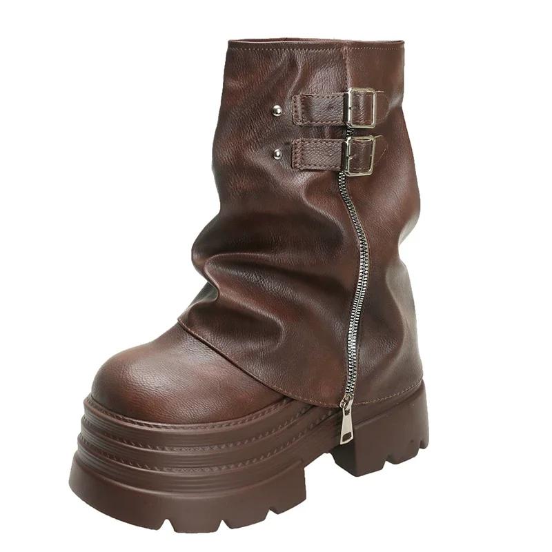 Fashion 10CM Women High Platform Ankle Boots Autumn Winter Gothic Style Shoes Buckle Punk Motorcycle Boots Round Toe Chunky Sneakers