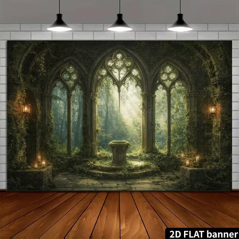 2D Magical Sunlit Forest Ruins Party Backdrop with Stone Arches and Altar