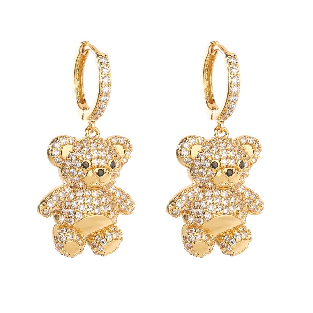 18K Gold Plated Brass Zircon Cute Bear Earrings Necklace Luxury Zircon Set Party Gifts For Women Gifts