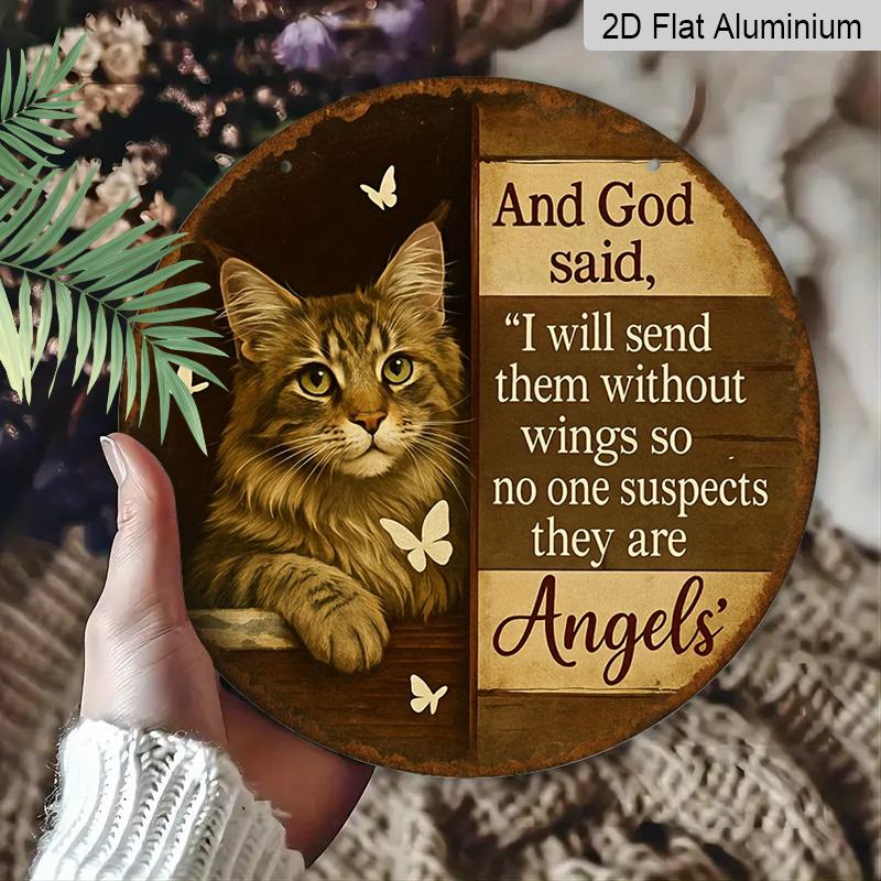 2D Flat, 1pc Aluminum Metal Sign, Inspired by Cats and Butterflies, Decor Features Christian Quote and Wingless Angel Motif.Suitable for