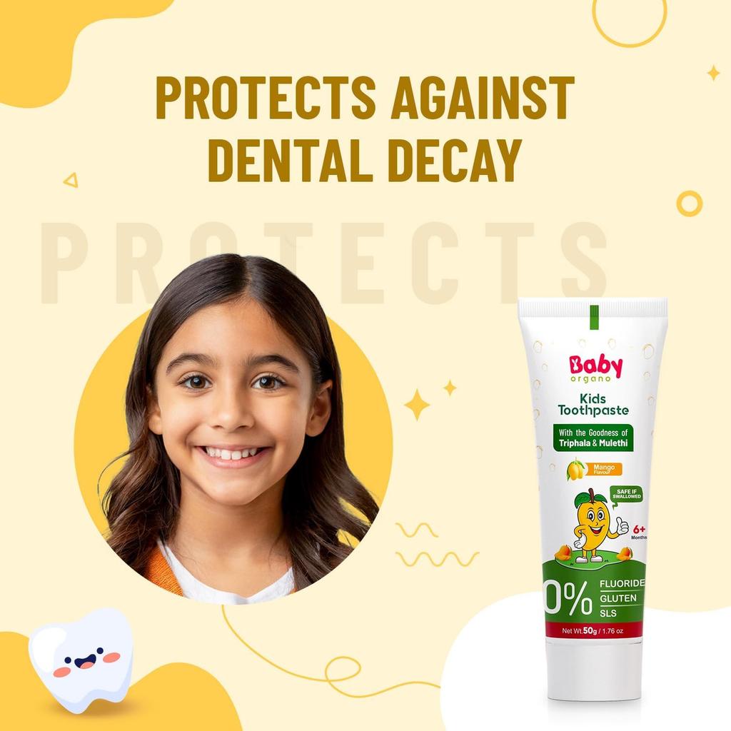 BabyOrgano® Herbal Toothpaste for Kids L 100% Ayurvedic L Non Gel Formula L Goodness of Babool and Mulethi L Mango Flavour- 50gm (Pack of 4)