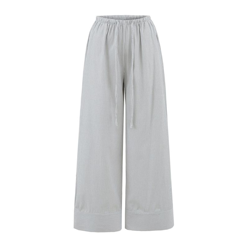 Summer New Product Women's Clothes American Casual Style High Waist Drawstring Decoration Draping Effect Stripes Straight-leg Long Wide-Leg Pants