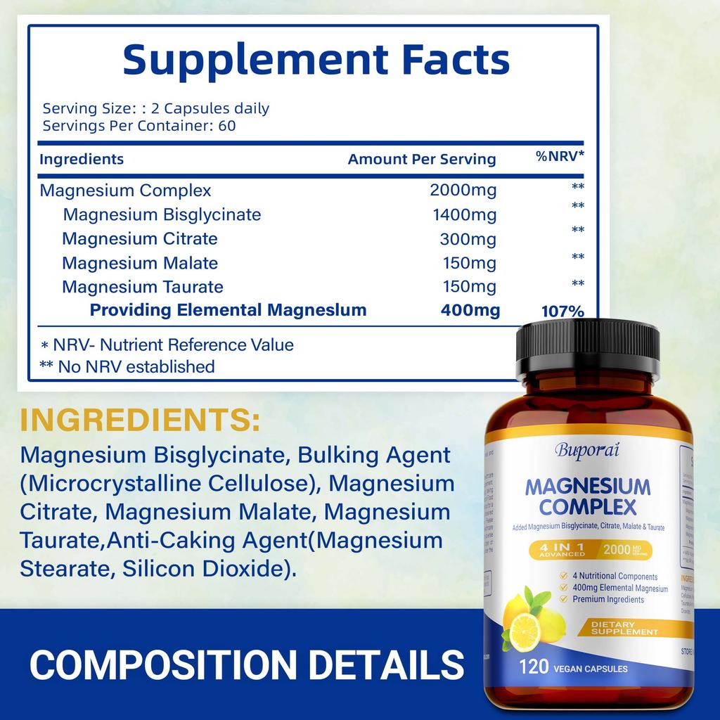 Magnesium-Glycinat-Komplex 4-in-1 - 2000 mg pro Portion, Magnesiumbisglycinat, Magnesiumcitrat, Magnesiummalat und Magnesiumtaurat