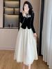 French Retro Style Velvet Layered Dress for Spring and Autumn