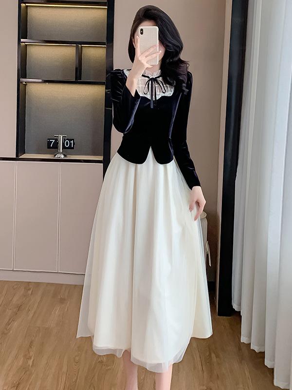 French Retro Style Velvet Layered Dress for Spring and Autumn