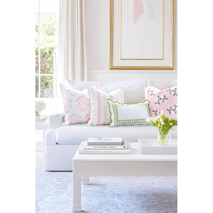 Hofdeco Premium Coastal Patio Indoor Outdoor Scalloped Lumbar Pillow Cover Only, 12"x20" Water Repellent for Backyard, Couch, Green Embroidered