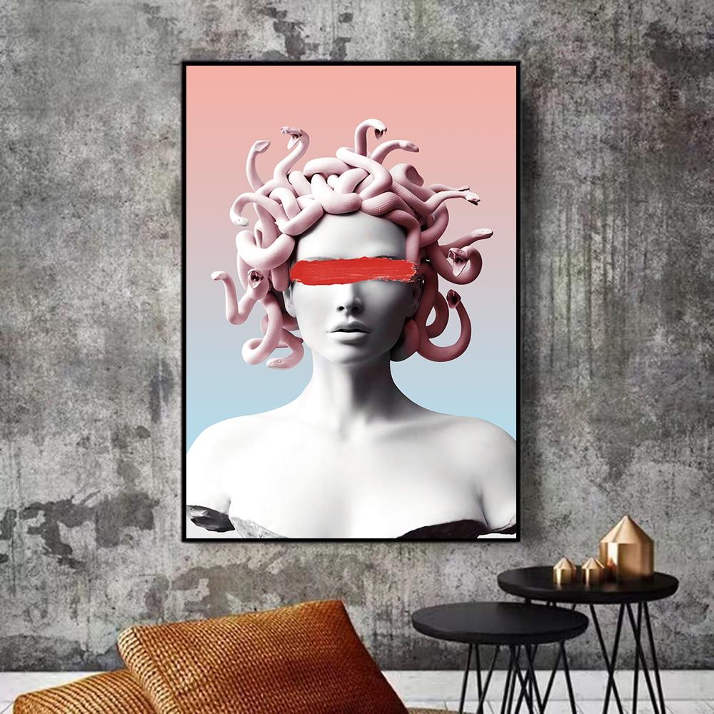 Rosa blaue Medusa-Abdeckungsaugen, Leinwand-Kunstposter und -Drucke, Vaporwave-Skulptur der Medusa, Leinwandgemälde an der Wand
