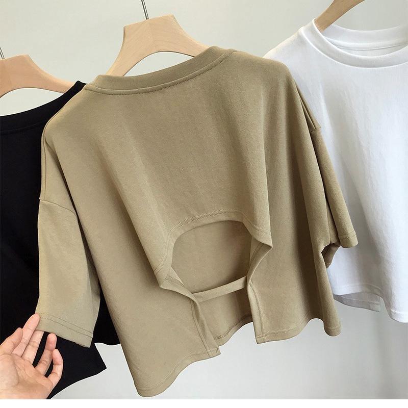 Backless Short T-shirt for Women, Sweet and Spicy Style, New Summer Style, Round Neck, Loose Fit, Hot Girl Short-sleeved Top, Fashionable for Women