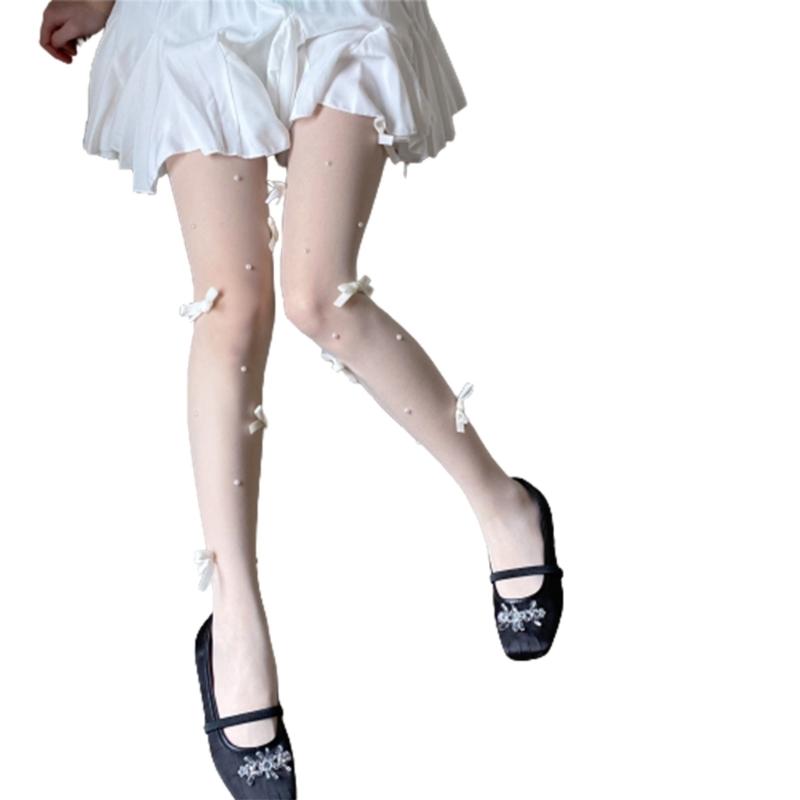 Women Sweet Sheer Pantyhose Stockings Cute Mini Bowknot Pearls Beaded Thin Nylon Tights Soft Breathable Leggings