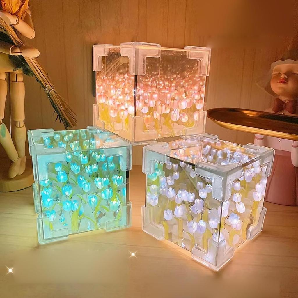 Blossom Box, Tulips Luminous Garden, Handmade DIY Magic Cube Tulips Flower Night Light Tulips Mirror Lamp Creative Gifts for Girl Women Friends