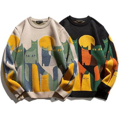Autumn Knitted Sweater Men Women Winter Harajuku Cartoon Full Cat Print Pullover Vintage Causal Loose Sweaters Streetwear