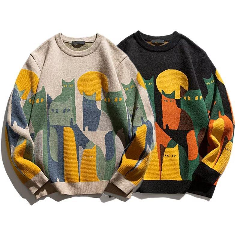 Suéter de malha de outono para homens e mulheres, inverno, harajuku, desenho animado, estampa de gato, pulôver, vintage, casual, solto, suéter, streetwear