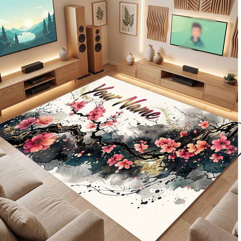 Floral Garden Theme Soft Crystal Velvet Rug Custom Name & Text Print Non Slip Floor Rug for Bedroom Living Room
