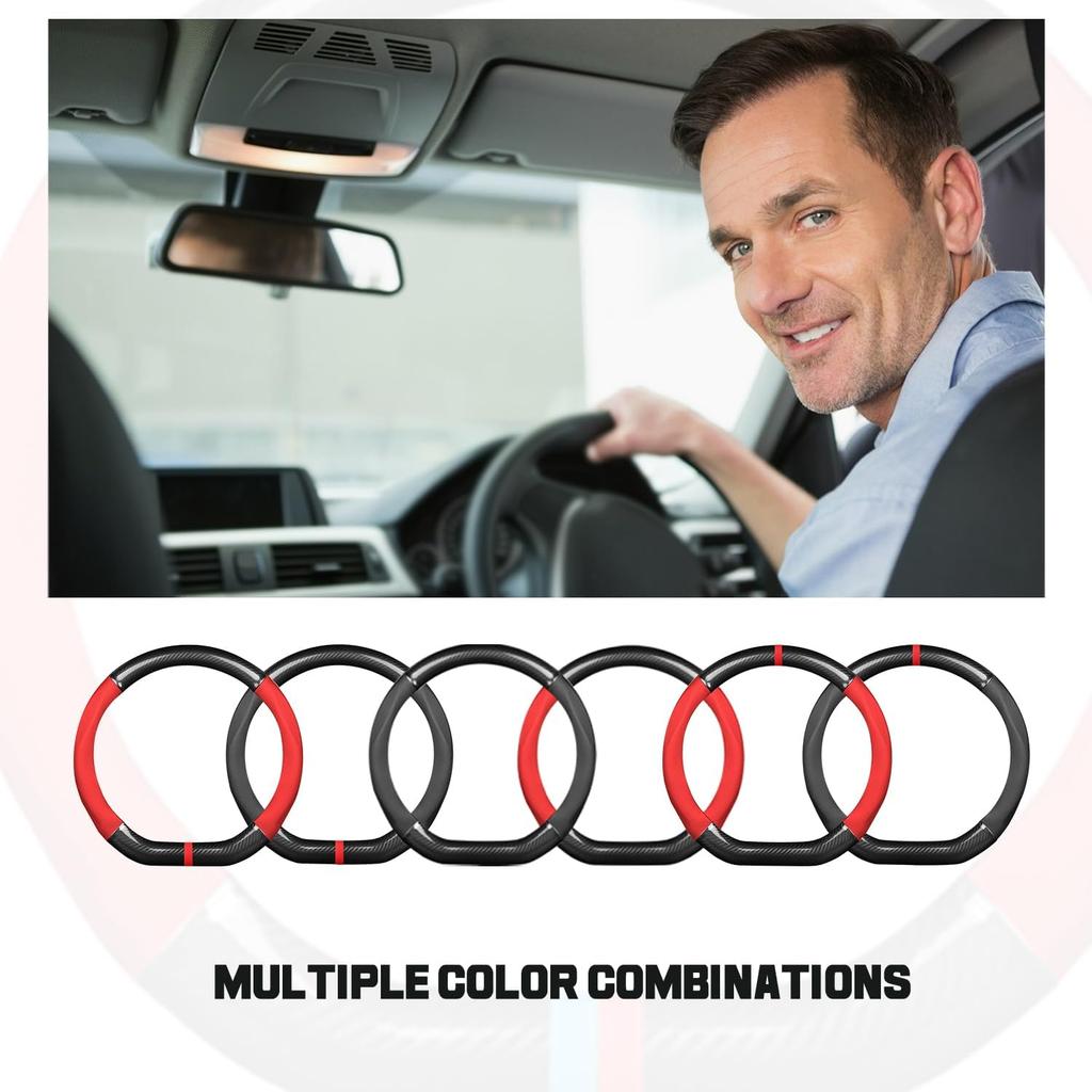 Ergocar Car Steering Wheel Cover Non-Slip Car Steering Wheel Protector Sport D-Shape Carbon Fiber & PU Leather Universal For Diameter 38Cm(15")