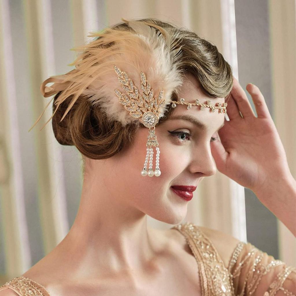 1920er Jahre Gatsby Kostüm Set: Feder-Haarband, Perlenkette, Zigarettenhalter, Handschuhe