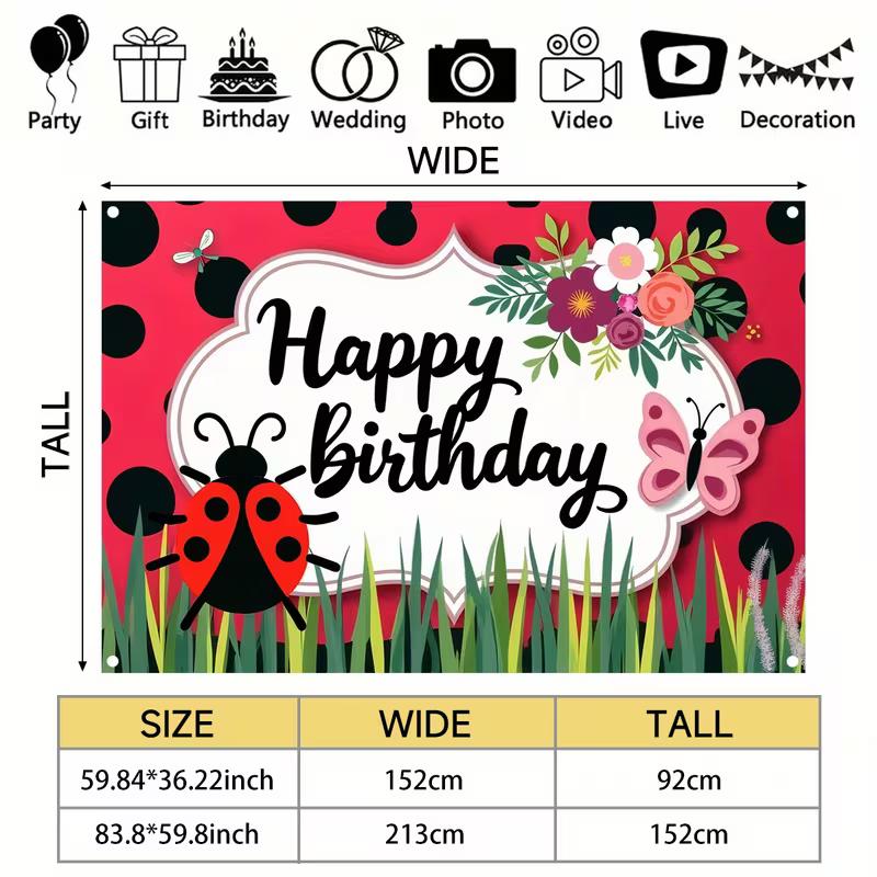 2D Ladybug Backdrop for Kids, Girls and Garden Themed Birthday Parties