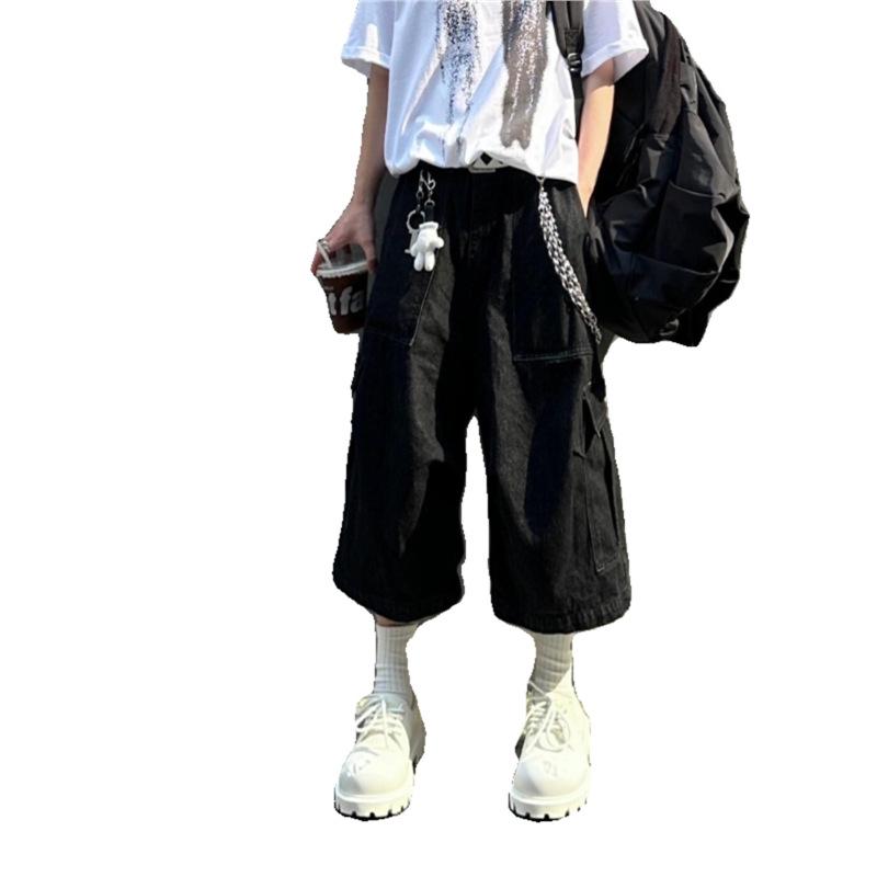 American High Street Retro Washed Big Pocket Wide Leg Seven-point Jeans Men's and Women's Summer Loose Tooling Trousers