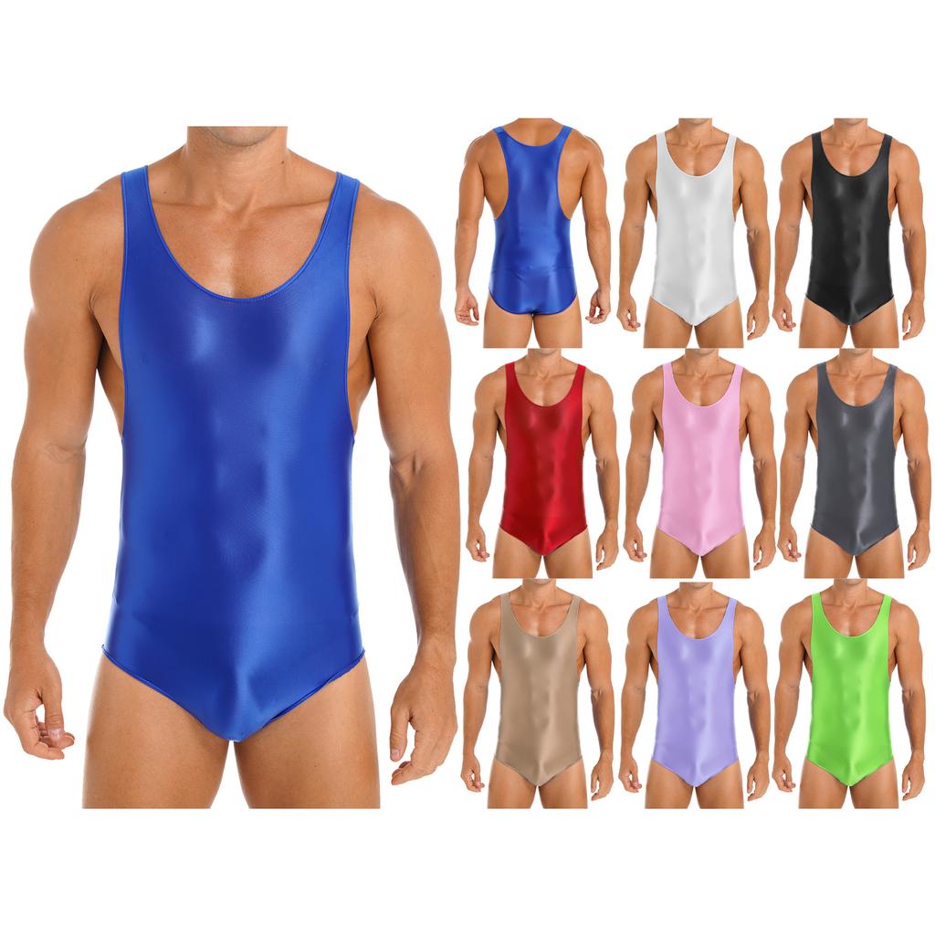 Mens Glossy U Neck Bodysuit Sleeveless Stretchy Leotard Wrestling Singlet Swim Sportswear