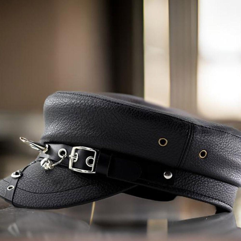 Black Newsboy Cap Pu Leather Flat Top Caps Casual Captain Caps Fashion Accessories