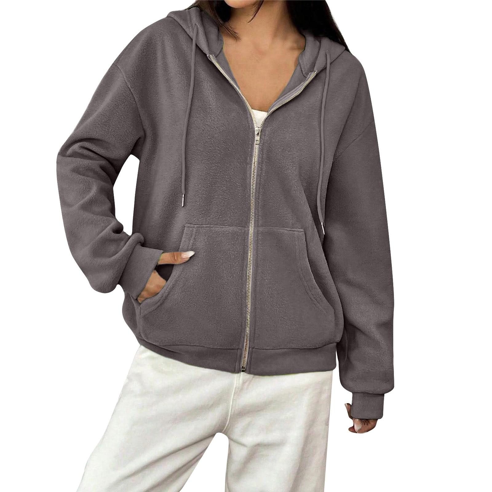 

Женская однотонная флисовая куртка с капюшоном и длинными рукавами, свободная уличная куртка на молнии XL