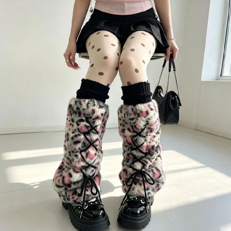 Dicke Damen-Beinwärmer für kühles Wetter aus Kunstpelz mit Plüsch-Leopardenmuster und gekreuzter Schnürung, Warme Stiefelüberzieher Socken für Lagenlook