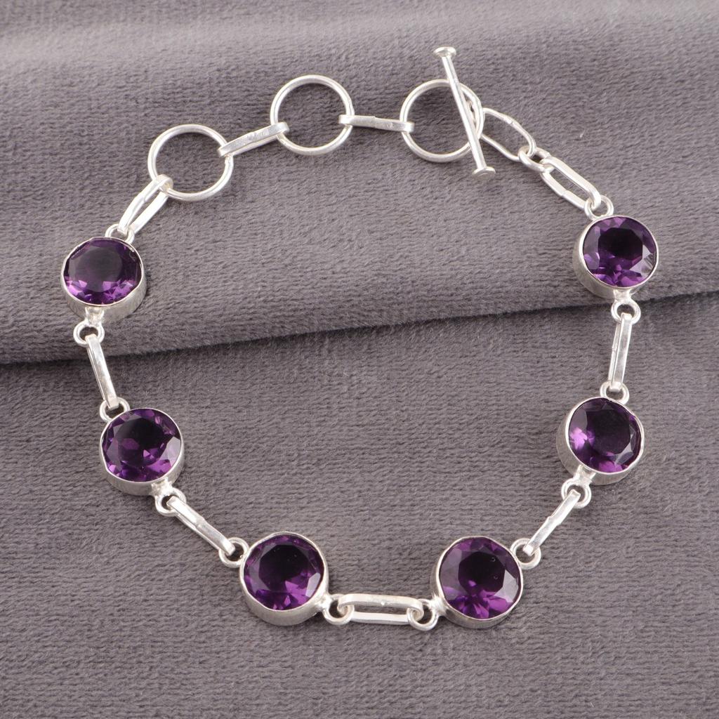 Natural Amethyst Gemstone 925 Sterling Silver Jewelry Handmade Stylish Bracelet RB-14-4
