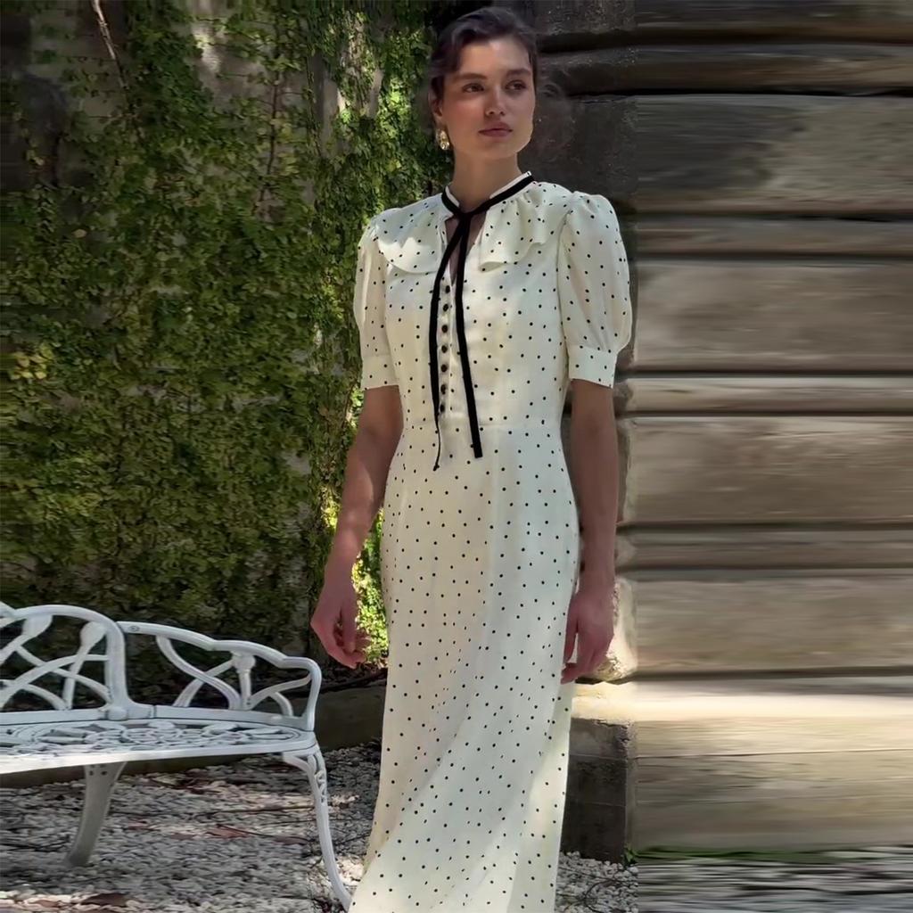 European and American women's clothing 2026 summer new French style lace-up lotus leaf collar bubble sleeve high waist polka dot dress