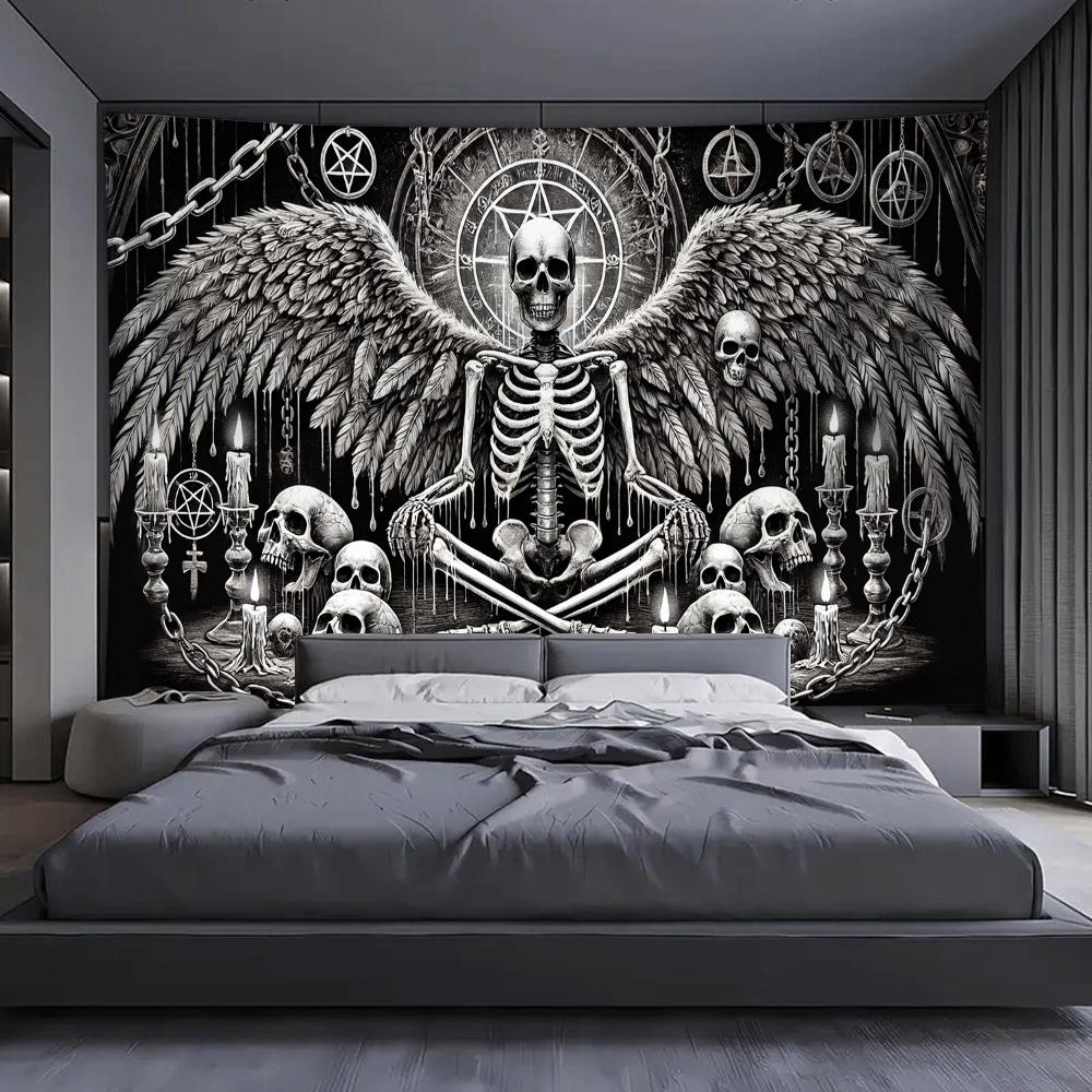 Dark Skull Angel Pentagram Tapestry Wall Hanging Home Decor for Bedroom Living Room Dorm Black and White Gothic Ritual