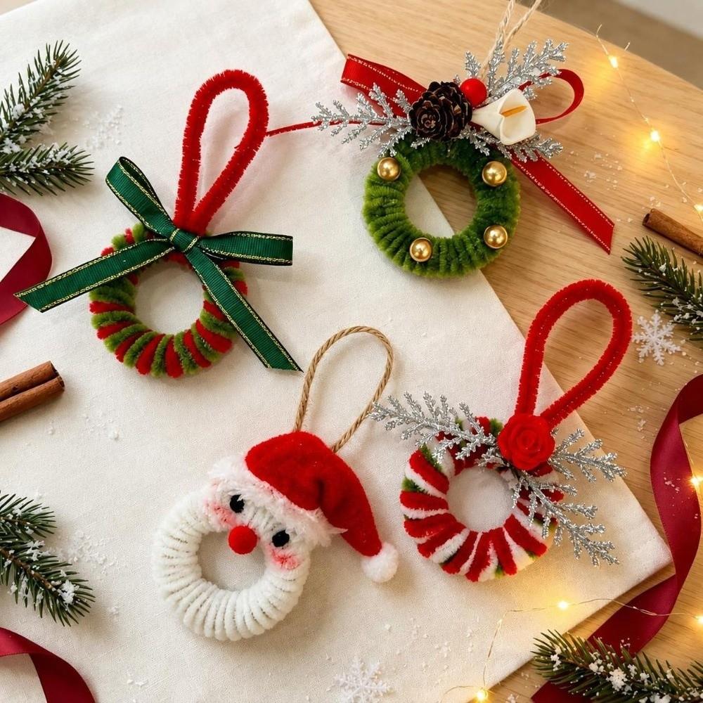 Striped Mini Christmas Wreath Santa Claus Xmas Hanging Ornament Plush Door Hanging Door Decor