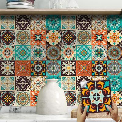 10 Adet Retro Mandala Karo Çıkartmaları Su Geçirmez PVC Çıkartmalar - Mavi & Beyaz Fas Çiçekli Duvar Zemin Duvar Kağıdı Mutfak Banyo Kendin Yap