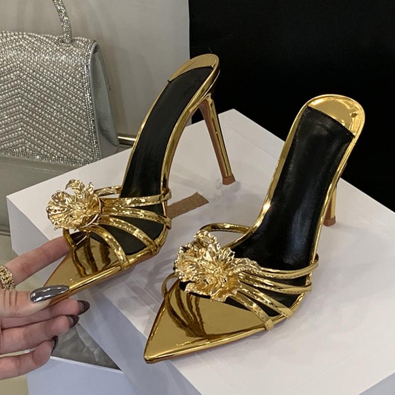 Sexy Pointed Toe White High Heels Party Slippers Ladies Metal Flowers Designer Sandal Banquet Shoes Women Mules Slides