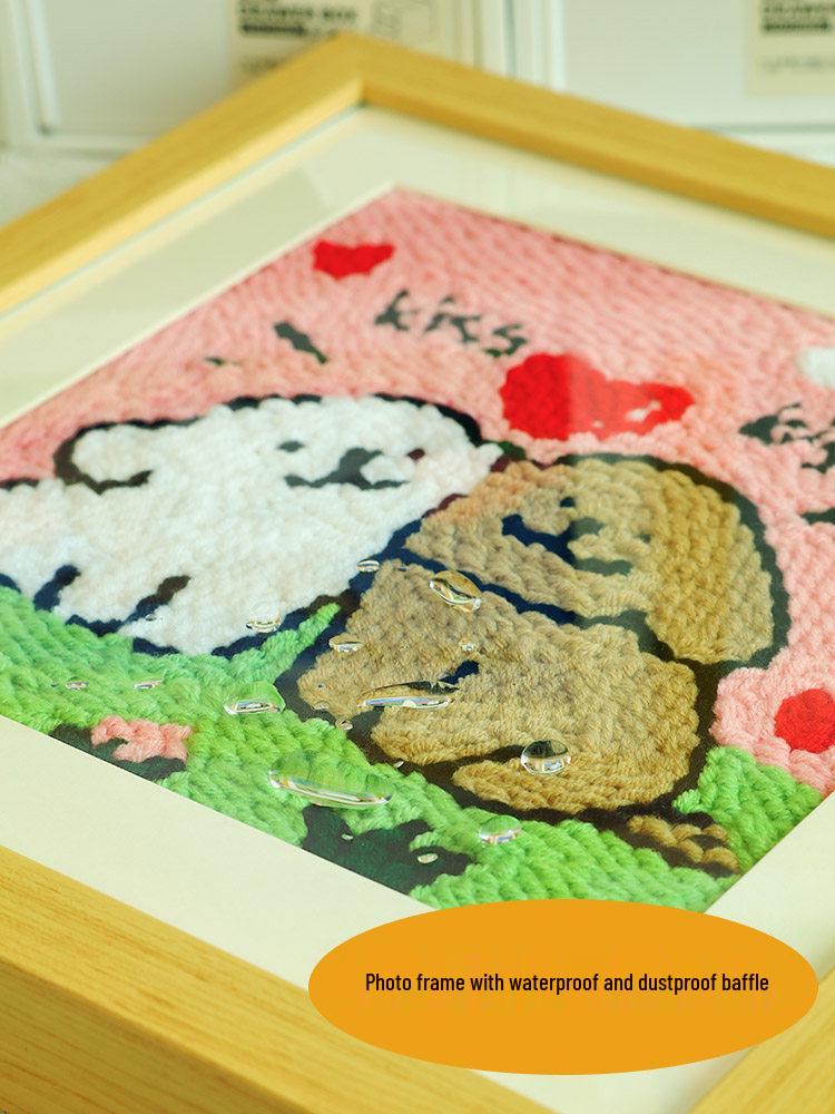Cute Couple Dog Punch Needle Embroidery Kit – DIY Yarn Painting with Photo Frame, Perfect Handmade Anniversary Gift