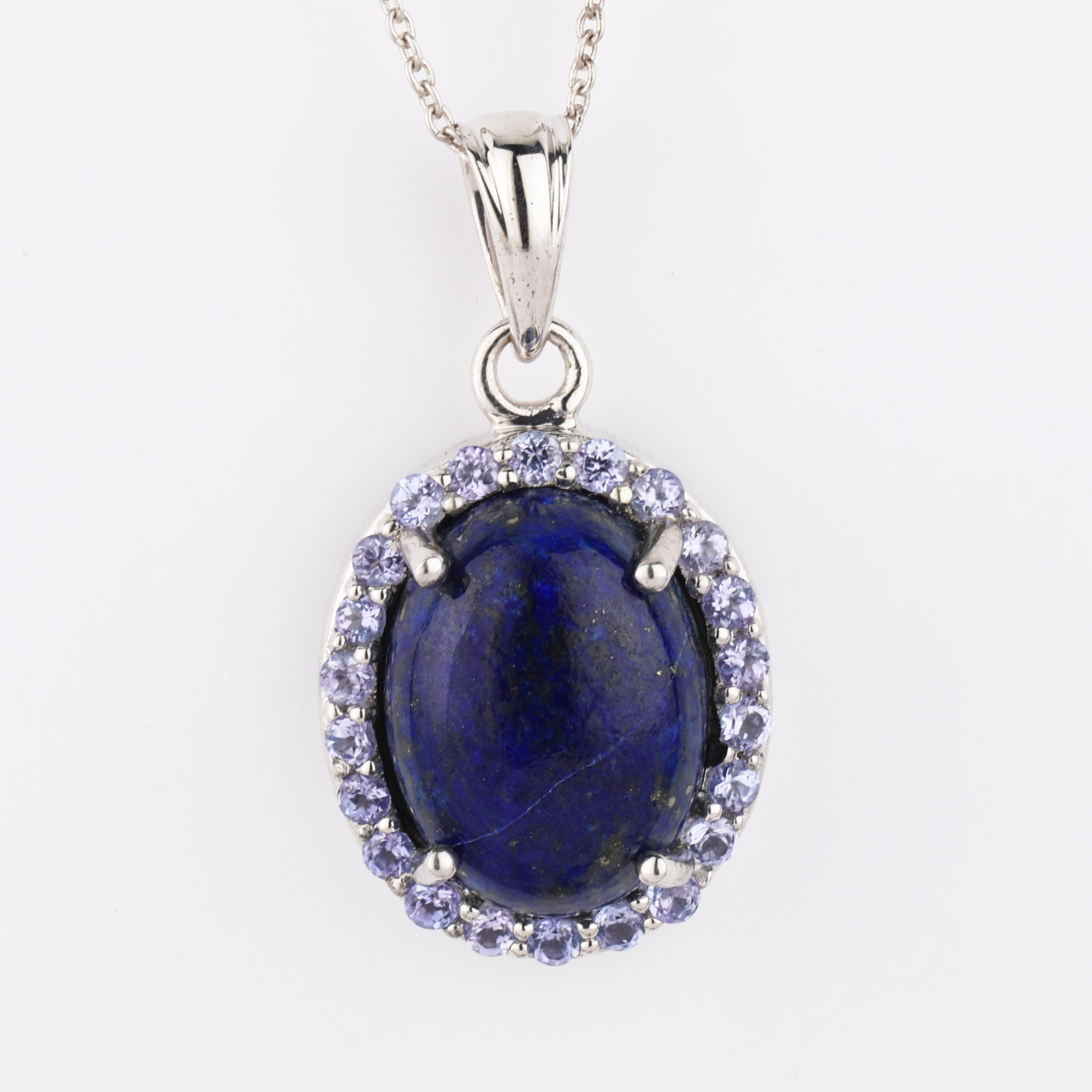 

925 Sterling Silver Lapis Lazuli Pendant with Tanzanite Accents Oval 16x12mm Rhodium Fine Jewelry Gift for Her срібний