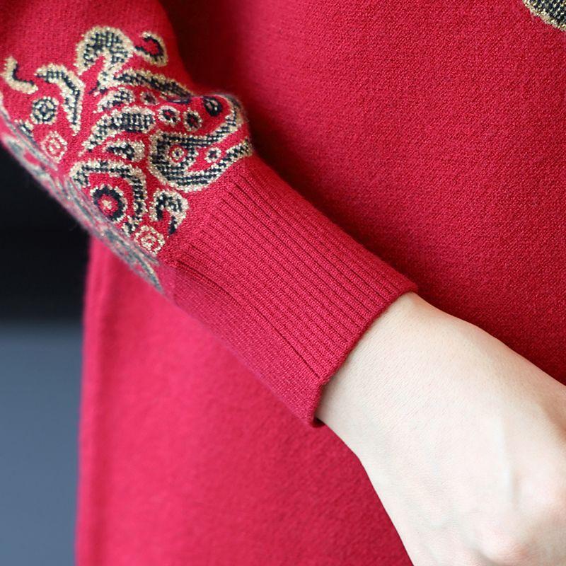 Fall Winter Women's Thick Crew Neck Wool Sweater Loose Rhinestone Embroidered Plus-size Sweater Soft Skin-friendly Knitted Stretchy Pullover Top