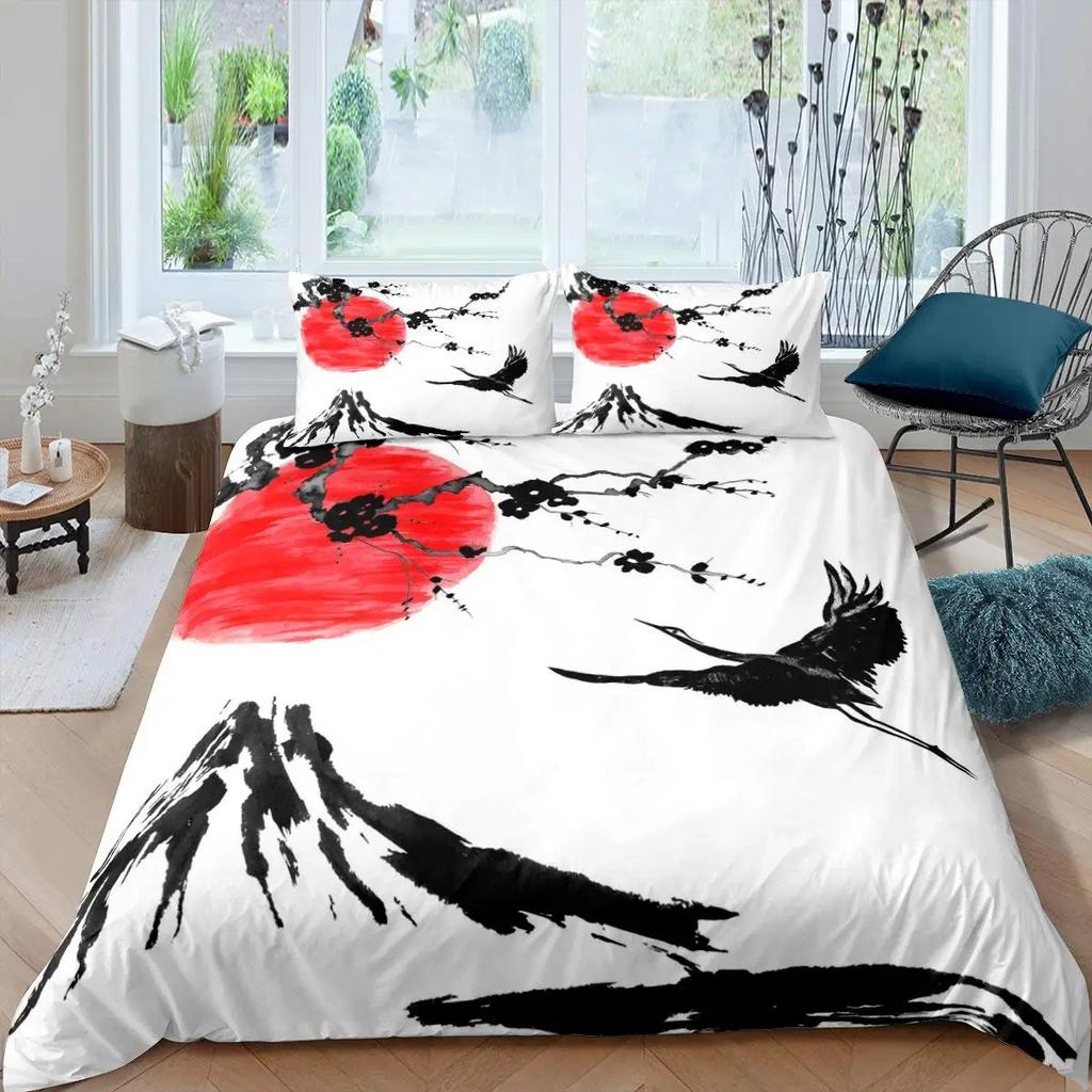 Japanese Ukiyo-E King Queen Duvet Cover Golden Fish Hokusai Bedding Set Crane Wave Quilt Cover Red Sun Polyester Comforter Cover