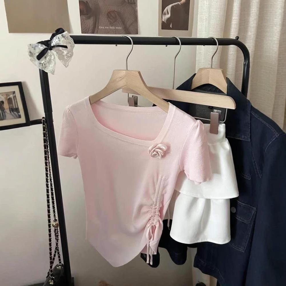 

Женская трикотажная футболка абрикосового цвета с 3D-цветочным принтом, открытыми плечами, короткими рукавами и нерегулярным дизайном на шнурке для лета. One Size розовый