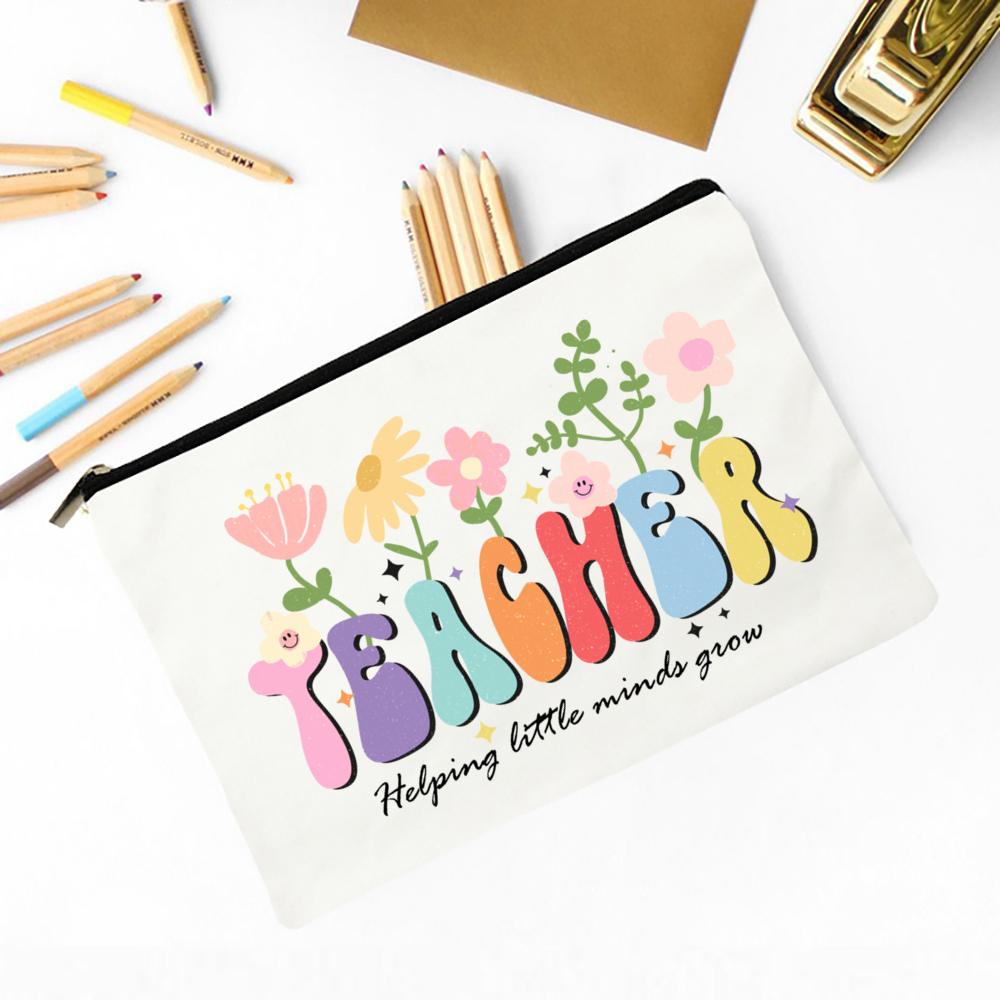Teacher Flower Print Pencil Case Travel Makeup Bag School Stationery Supplies Storage Bags Wash Pouch Cosmetic Bags Teacher Gift
