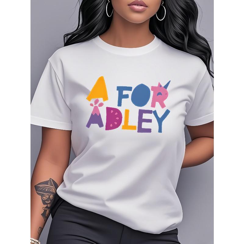 

A FOR ADLEY Creative Letter Pattern Printed T-Shirt, Short-Sleeved And Round-Necked Women S Clothing, Featuring Cartoon Letter Designs S белый
